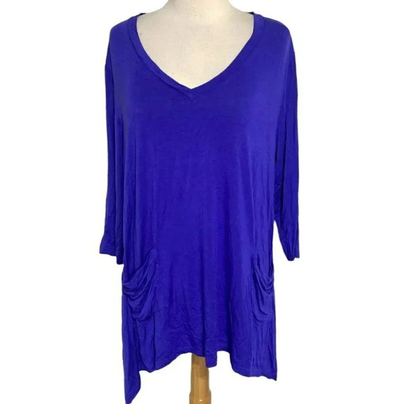 LOGO Lori Goldstein 1X blue asymmetrical 3/4 sleeve tunic with front pockets - Picture 2 of 7